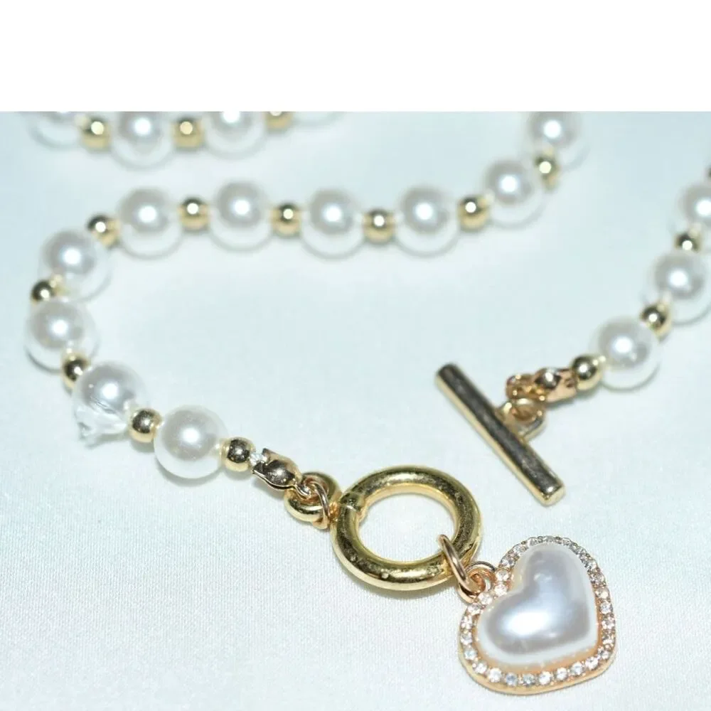 Glamorous Rhinestone Accent Heart Faux Pearl Gold Tone 16